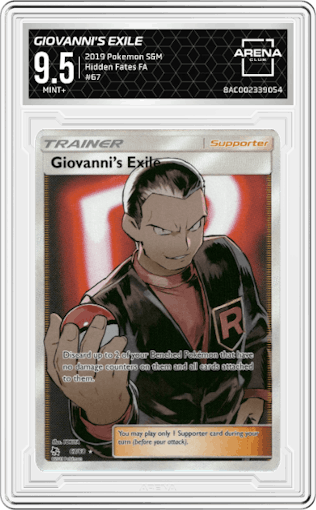 Giovanni's Exile from the 2019 Pokemon S&M  set graded by Arena Club and given an overall grade of 9.5.