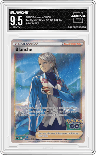 Blanche from the 2022 Pokemon SWSH set featuring a Team Mystic Pokemon GO Special Collection parallel graded by Arena Club and given an overall grade of 9.5.