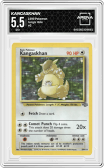 Kangaskhan from the 1999 Pokemon set graded by Arena Club and given an overall grade of 5.5.