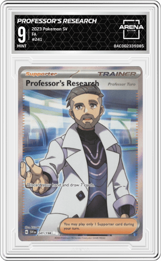 Professor's Research from the 2023 Pokemon SV set graded by Arena Club and given an overall grade of 9.
