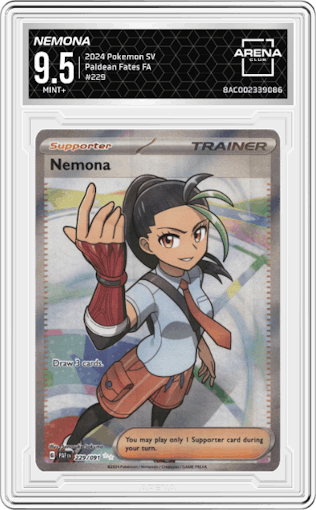 Nemona from the 2024 Pokemon SV set graded by Arena Club and given an overall grade of 9.5.