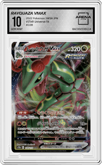 Rayquaza VMAX from the 2022 Pokemon SWSH JPN set graded by Arena Club and given an overall grade of 10.