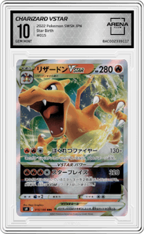 Charizard Vstar from the 2022 Pokemon SWSH JPN set graded by Arena Club and given an overall grade of 10.
