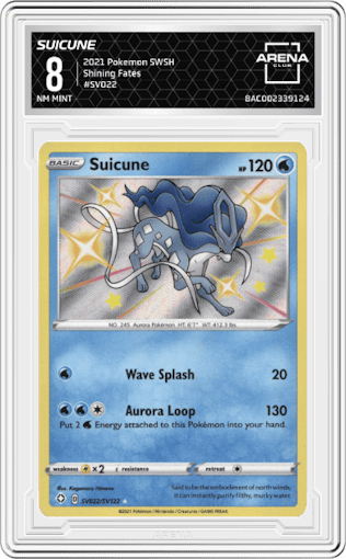 Suicune from the 2021 Pokemon SWSH set graded by Arena Club and given an overall grade of 8.
