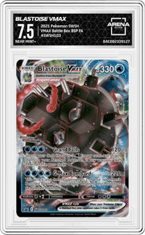 Blastoise Vmax from the 2021 Pokemon SWSH set featuring a Blastoise VMAX Battle Box parallel graded by Arena Club and given an overall grade of 7.5.