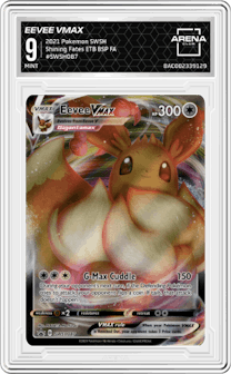 Eevee VMAX from the 2021 Pokemon SWSH set featuring a Shining Fates Elite Trainer Box parallel graded by Arena Club and given an overall grade of 9.