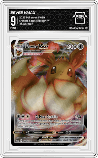 Eevee VMAX from the 2021 Pokemon SWSH set featuring a Shining Fates Elite Trainer Box parallel graded by Arena Club and given an overall grade of 9.