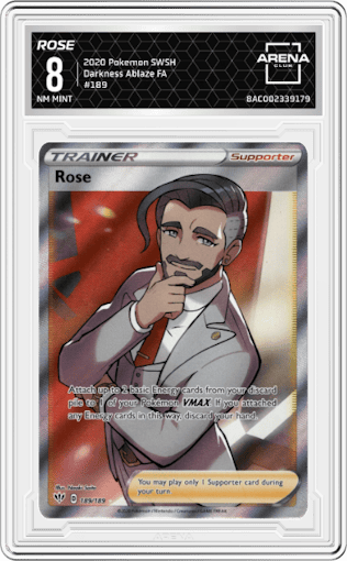 Rose from the 2020 Pokemon SWSH set graded by Arena Club and given an overall grade of 8.