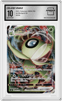 Celebi VMAX from the 2021 Pokemon SWSH JPN set graded by Arena Club and given an overall grade of 10.