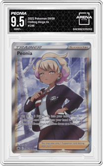Peonia from the 2021 Pokemon SWSH set graded by Arena Club and given an overall grade of 9.5.