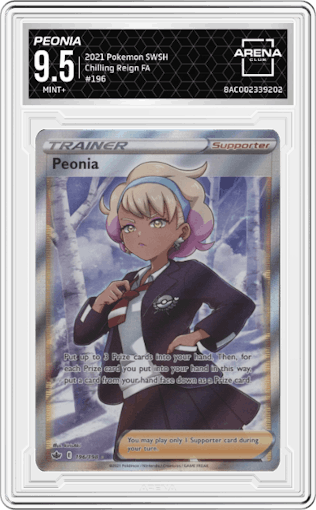 Peonia from the 2021 Pokemon SWSH set graded by Arena Club and given an overall grade of 9.5.