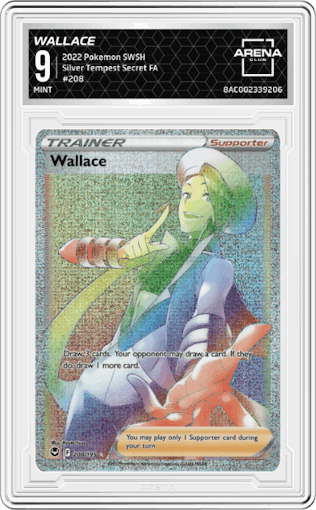 Wallace from the 2022 Pokemon SWSH set graded by Arena Club and given an overall grade of 9.