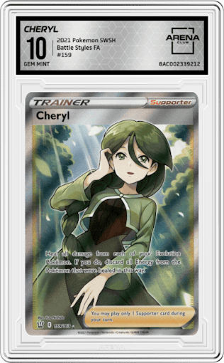 Cheryl from the 2021 Pokemon SWSH set graded by Arena Club and given an overall grade of 10.