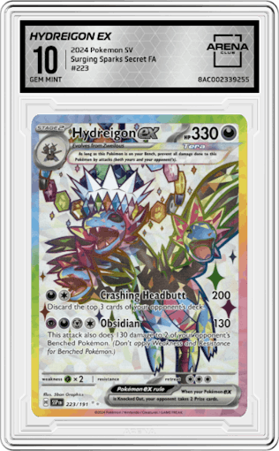 Hydreigon ex from the 2024 Pokemon SV set graded by Arena Club and given an overall grade of 10.