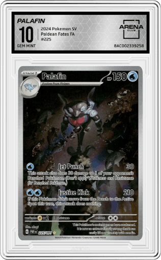 Palafin from the 2024 Pokemon SV set graded by Arena Club and given an overall grade of 10.