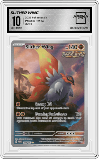 Slither Wing from the 2023 Pokemon SV set graded by Arena Club and given an overall grade of 10.