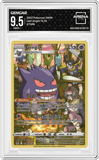 Gengar from the 2022 Pokemon SWSH set graded by Arena Club and given an overall grade of 9.5.