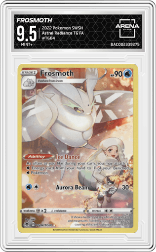 Frosmoth from the 2022 Pokemon SWSH set graded by Arena Club and given an overall grade of 9.5.