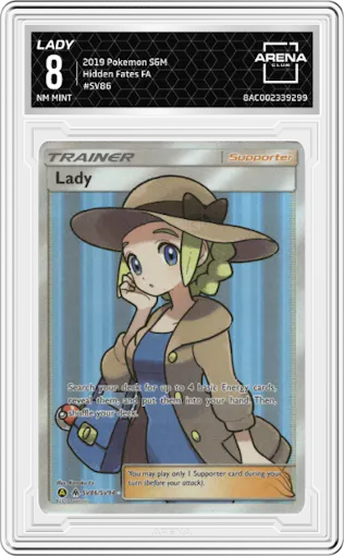 Lady from the 2019 Pokemon S&M  set graded by Arena Club and given an overall grade of 8.