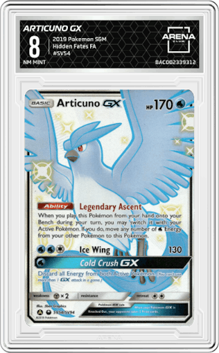 Articuno GX from the 2019 Pokemon S&M  set graded by Arena Club and given an overall grade of 8.
