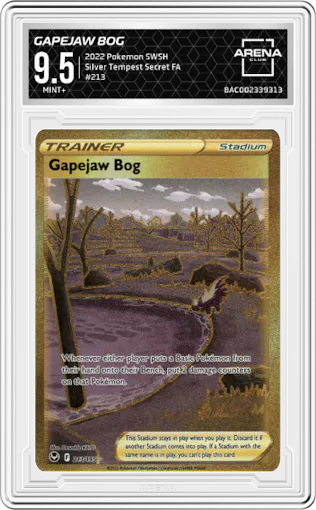 Gapejaw Bog from the 2022 Pokemon SWSH set graded by Arena Club and given an overall grade of 9.5.