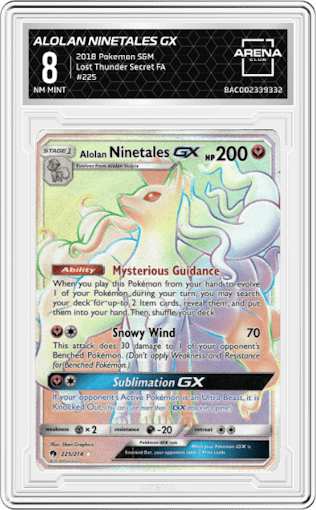 Alolan Ninetales GX from the 2018 Pokemon S&M  set graded by Arena Club and given an overall grade of 8.