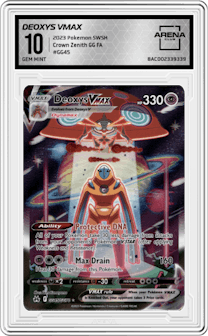 Deoxys VMAX from the 2023 Pokemon SWSH set graded by Arena Club and given an overall grade of 10.