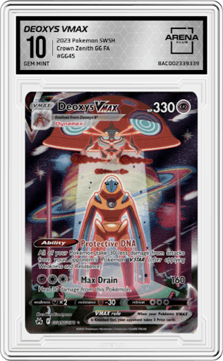 Deoxys VMAX from the 2023 Pokemon SWSH set graded by Arena Club and given an overall grade of 10.