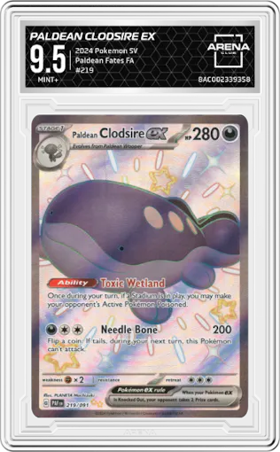 Paldean Clodsire ex from the 2024 Pokemon SV set graded by Arena Club and given an overall grade of 9.5.