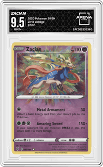Zacian from the 2020 Pokemon SWSH set graded by Arena Club and given an overall grade of 9.5.