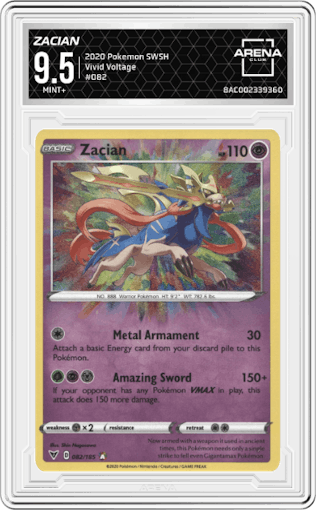 Zacian from the 2020 Pokemon SWSH set graded by Arena Club and given an overall grade of 9.5.