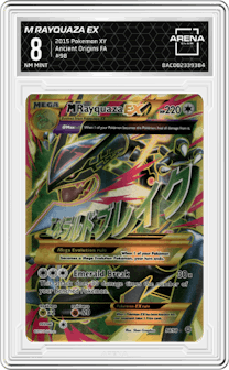 M Rayquaza EX  from the 2015 Pokemon XY set graded by Arena Club and given an overall grade of 8.