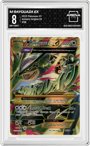 M Rayquaza EX  from the 2015 Pokemon XY set graded by Arena Club and given an overall grade of 8.