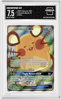 Dedenne GX from the 2020 Pokemon S&M set graded by Arena Club and given an overall grade of 7.5.
