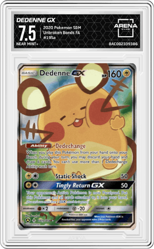 Dedenne GX from the 2020 Pokemon S&M set graded by Arena Club and given an overall grade of 7.5.