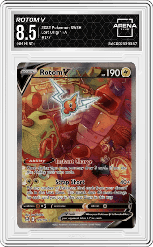 Rotom V from the 2022 Pokemon SWSH set graded by Arena Club and given an overall grade of 8.5.