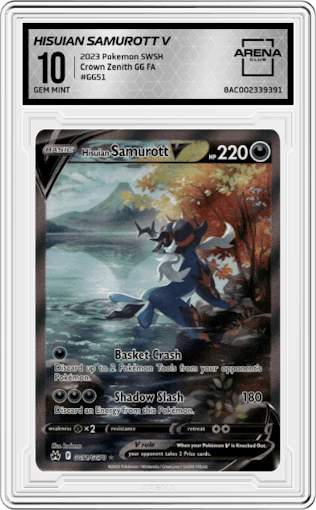Hisuian Samurott V from the 2023 Pokemon SWSH set graded by Arena Club and given an overall grade of 10.