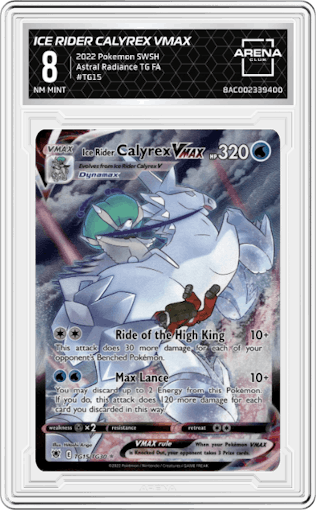 Ice Rider Calyrex VMAX from the 2022 Pokemon SWSH set graded by Arena Club and given an overall grade of 8.
