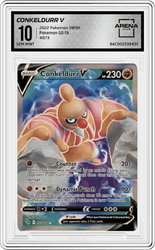 Conkeldurr V from the 2022 Pokemon SWSH set graded by Arena Club and given an overall grade of 10.