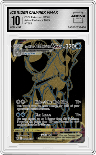Ice Rider Calyrex VMAX from the 2022 Pokemon SWSH set graded by Arena Club and given an overall grade of 10.