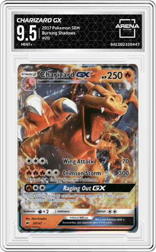 Charizard GX from the 2017 Pokemon S&M set graded by Arena Club and given an overall grade of 9.5.