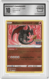 Radiant Charizard from the 2022 Pokemon SWSH set graded by Arena Club and given an overall grade of 10.