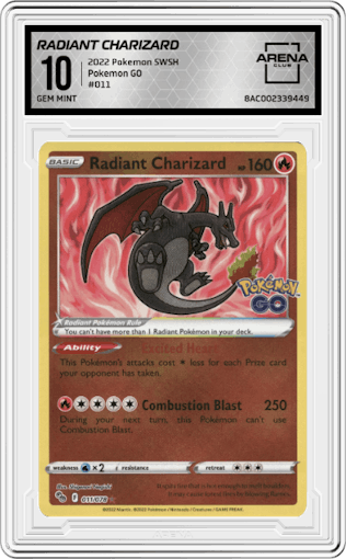 Radiant Charizard from the 2022 Pokemon SWSH set graded by Arena Club and given an overall grade of 10.