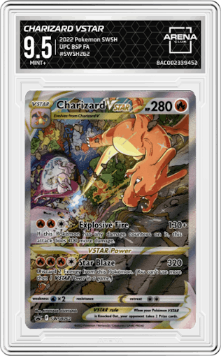 Charizard VSTAR from the 2022 Pokemon SWSH set featuring a Ultra Premium Collection parallel graded by Arena Club and given an overall grade of 9.5.