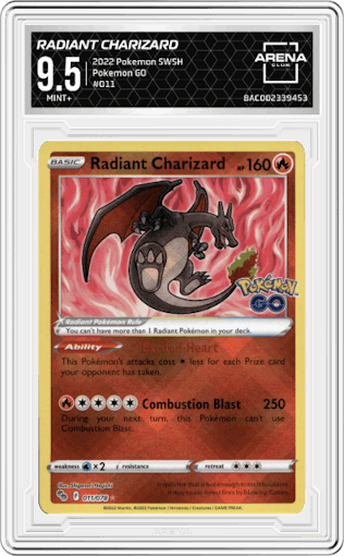 Radiant Charizard from the 2022 Pokemon SWSH set graded by Arena Club and given an overall grade of 9.5.