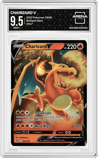 Charizard V  from the 2022 Pokemon SWSH set graded by Arena Club and given an overall grade of 9.5.