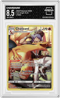 Charizard from the 2022 Pokemon SWSH set graded by Arena Club and given an overall grade of 8.5.