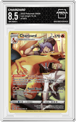 Charizard from the 2022 Pokemon SWSH set graded by Arena Club and given an overall grade of 8.5.