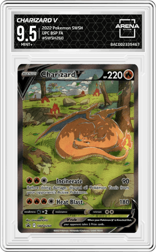 Charizard V from the 2022 Pokemon SWSH set featuring a Ultra Premium Collection parallel graded by Arena Club and given an overall grade of 9.5.