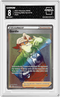 Gordie from the 2021 Pokemon SWSH set graded by Arena Club and given an overall grade of 8.